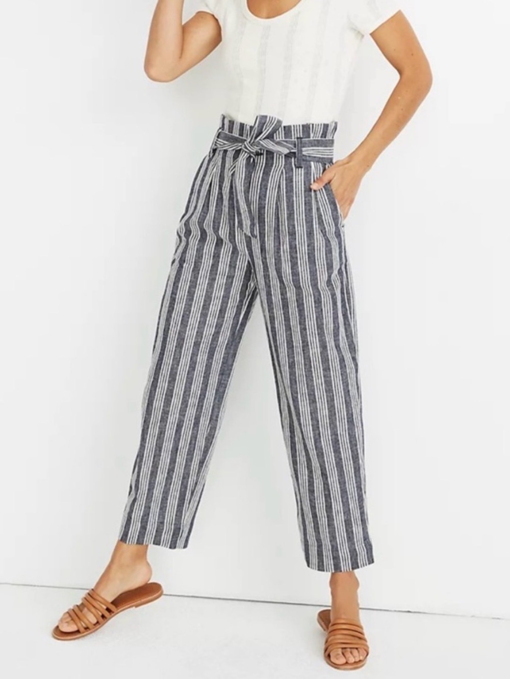 Madewell Paperbag Pants in Deep Indigo Linen Cotton Blend NWT